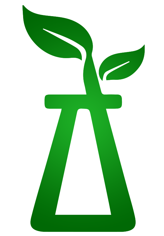 Green plant growing from a flask.